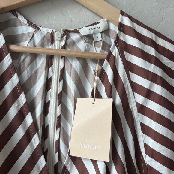 NEW Oroton Dress‎ Striped V-Neck Flutter Sleeve Midi Dress Brown White Size 8 - Picture 4 of 10